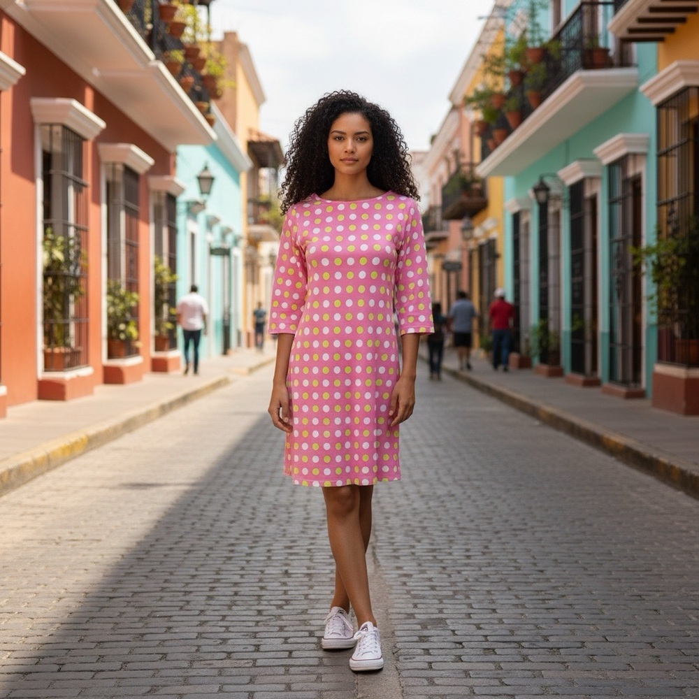 AnaClare candy pink polka dot lime green white 3/4 sleeve dress size S NWT